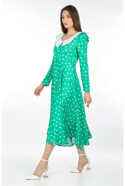 Markapia Woman Kadın Yaka Detaylı Puantiyeli Uzun Elbise Yeşil
