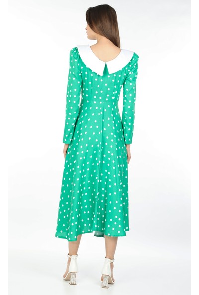 Markapia Woman Kadın Yaka Detaylı Puantiyeli Uzun Elbise Yeşil