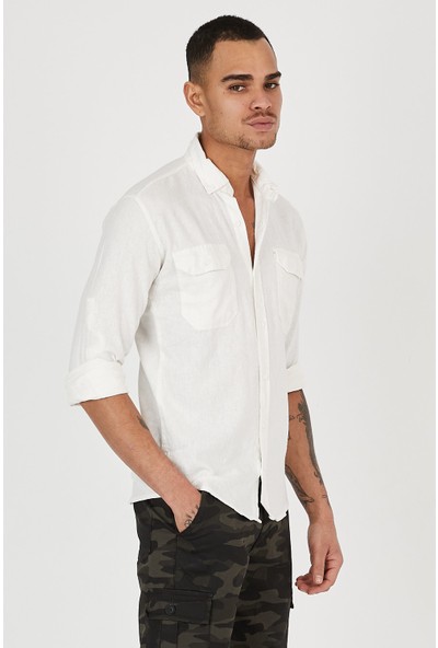 Serseri Jeans Beyaz Renk Çift Cepli Spor Erkek Pamuklu Keten Görünümlü Slim Fit Gömlek