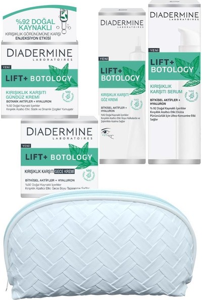 Diadermine Lift + Botology Kırışıklık Karşıtı Krem Seti 4'lü Paket + Makyaj Çantası