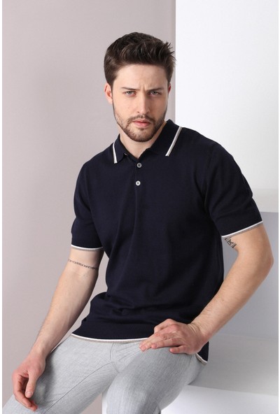 Ferraro Laci/beyaz Yaka Şerit Düğmeli Erkek Pamuk Triko T-Shirt