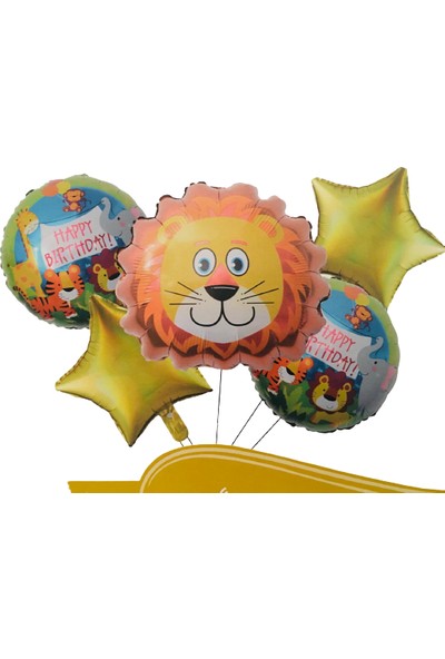 Event Party Store Folyo Balon Buket Seti Happy Birthday Aslan Modeli 5'li