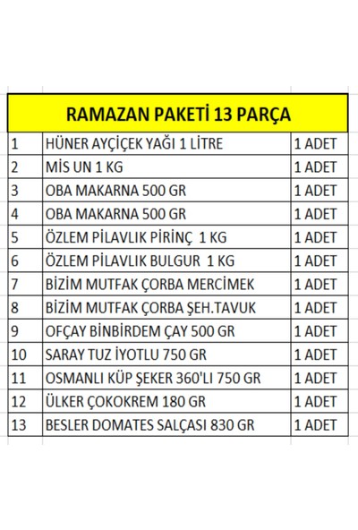 Erzak Paketi Ramazan Paketi Erzak Yardım Kolisi Paketi 13 Parça