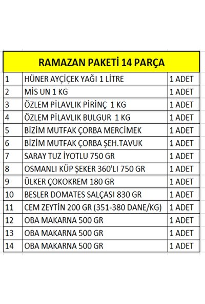 Erzak Paketi Ramazan Paketi Erzak Yardım Kolisi Paketi 14 Parça