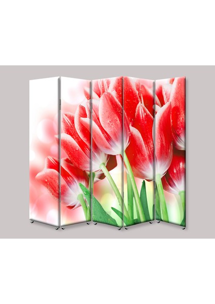 Kırmızı Laleler 5 Kanat Tekerlekli Kanvas Paravan