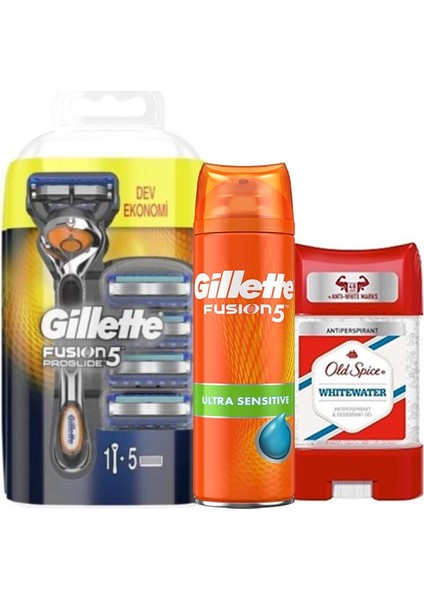Erkek Bakım Paketi - Gillette Fusion Flexball Proglide Tıraş Makinesi + 5 Yedek Tıraş Bıçağı Old Spice 75 ml Koltuk Altı Jel Fusion Tıraş Jeli 75 ml