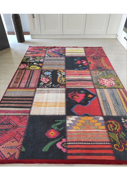 Patchwork Dijital Baskı Dekoratif Salon Halısı Makinede Yıkanabilir Kırkyama Kilim Kaymaz Taban Kırmızı Yolluk Modern Mutfak Halı Modelleri