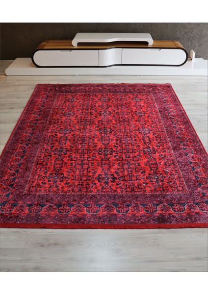 Afgan Kırmızı Salon Halısı Makinede Yıkanabilir Mutfak Halısı Modern Yolluk Dekoratif Kaymaz Taban Kilim