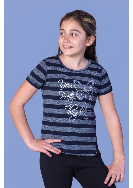 Toontoy Kız Çocuk Çizgili Kelebek Baskılı Tişört