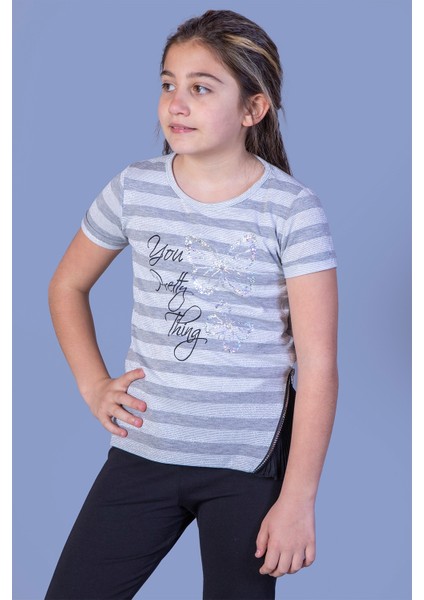 Toontoy Kız Çocuk Çizgili Kelebek Baskılı Tişört