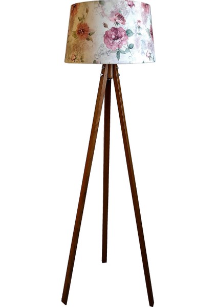 Beta Serisi,masif 3 Ayaklı Tripod Lambader( Çiçek Desen- Koyu Ceviz)