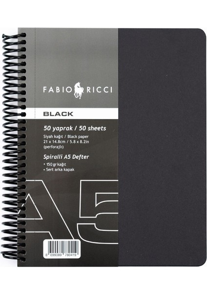 Fabio Ricci Black A5 Spiralli Çizim Defteri 14,8X21 cm Siyah