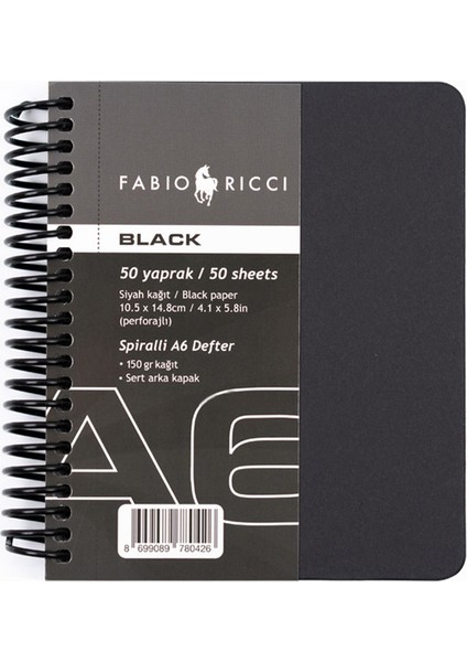 Fabio Ricci Black A6 Spiralli Çizim Defteri 10,5X14,8 cm Siyah