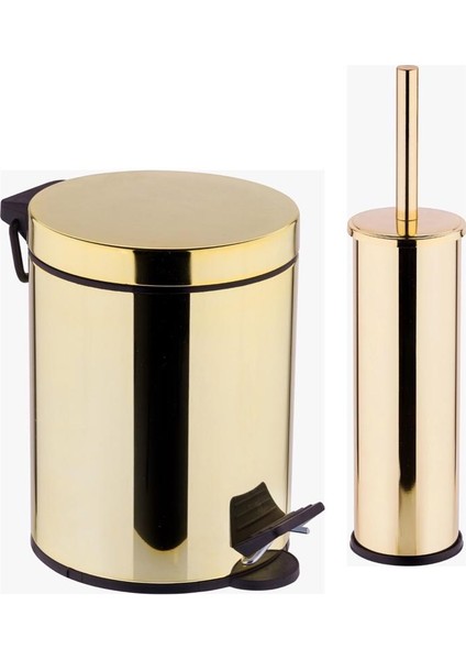 Gold - Altın Rengi Banyo 5 Lt Pedallı Çöp Kovası + Klozet Fırçası