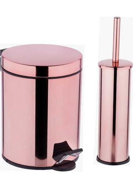 Rose Gold - Pembe Renk Banyo 5 Lt Pedallı Çöp Kovası + Klozet Fırçası Set