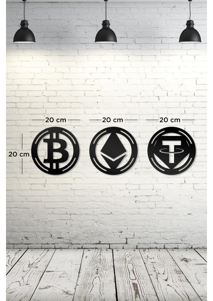 Bitcoin Ethereum Tether Figürlü Dekoratif Ahşap Tablo