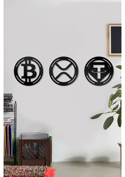 Bitcoin Xrp Tether Figürlü Dekoratif Ahşap Tablo