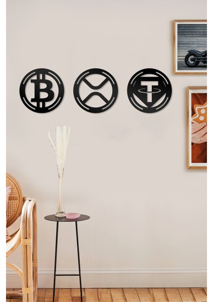 Bitcoin Xrp Tether Figürlü Dekoratif Ahşap Tablo