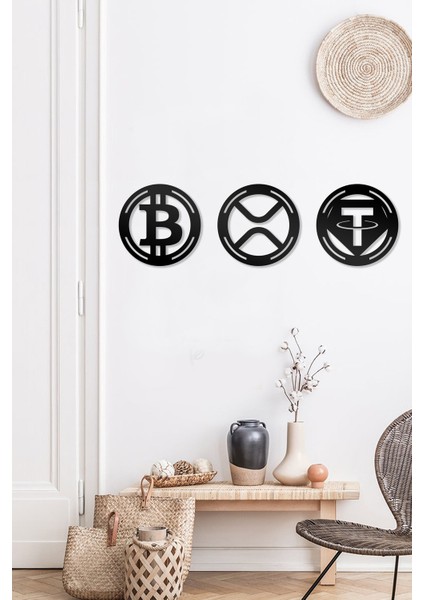 Bitcoin Xrp Tether Figürlü Dekoratif Ahşap Tablo