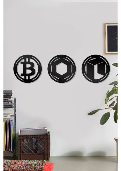 Bitcoin Chainlink Neo Figürlü Dekoratif Ahşap Tablo