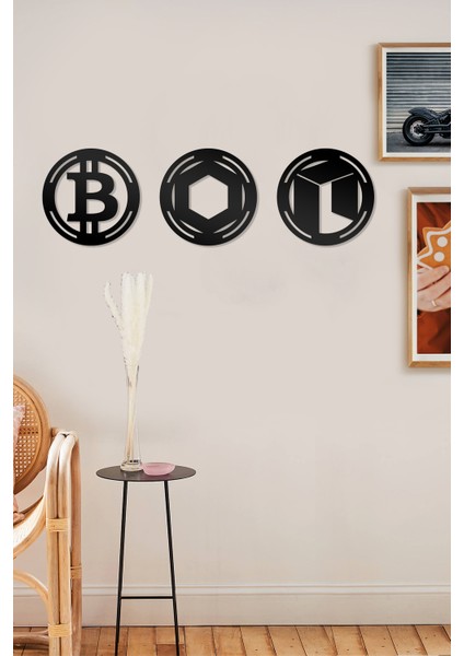 Bitcoin Chainlink Neo Figürlü Dekoratif Ahşap Tablo