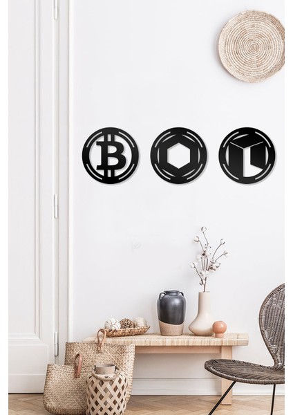 Bitcoin Chainlink Neo Figürlü Dekoratif Ahşap Tablo