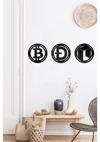 Bitcoin Dogecoin Neo Figürlü Dekoratif Ahşap Tablo