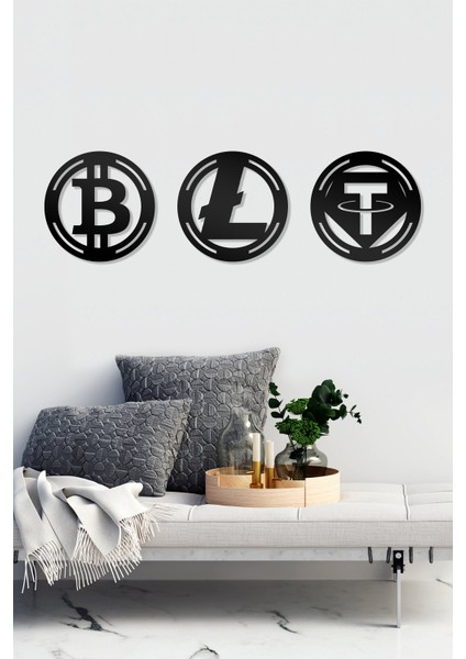 Bitcoin Litecoin Tether Figürlü Dekoratif Ahşap Tablo