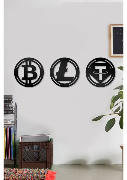 Bitcoin Litecoin Tether Figürlü Dekoratif Ahşap Tablo