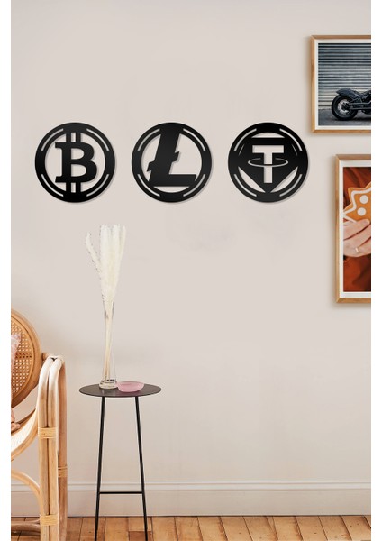 Bitcoin Litecoin Tether Figürlü Dekoratif Ahşap Tablo
