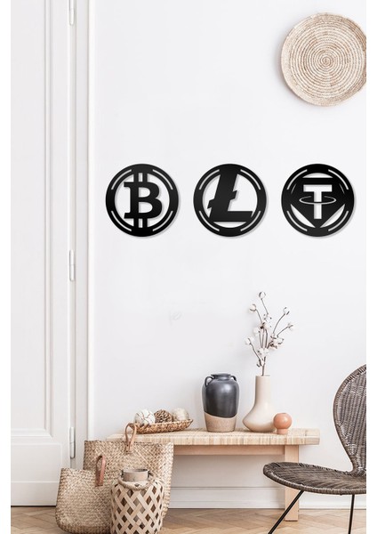 Bitcoin Litecoin Tether Figürlü Dekoratif Ahşap Tablo
