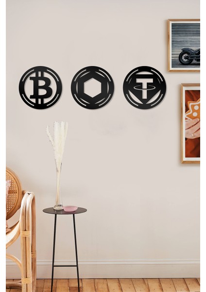 Bitcoin Chainlink Tether Figürlü Dekoratif Ahşap Tablo