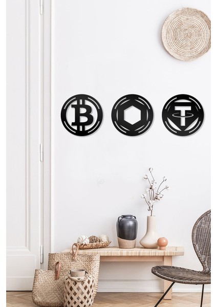 Bitcoin Chainlink Tether Figürlü Dekoratif Ahşap Tablo