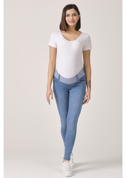 Hamile Kısa Ribana Dar Paça Kot Pantolon Mavi