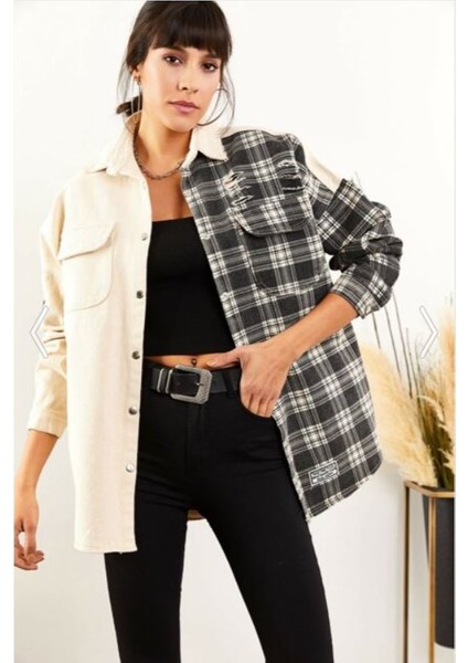 Kadın Bej Armalı Boyfriend Oversize Eskitmeli Denim Jeans Kot Ceket