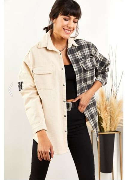 Kadın Bej Armalı Boyfriend Oversize Eskitmeli Denim Jeans Kot Ceket modelleri