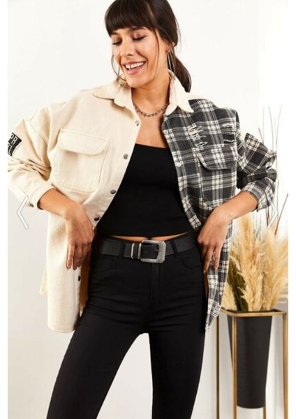 Kadın Bej Armalı Boyfriend Oversize Eskitmeli Denim Jeans Kot Ceket fırsatları