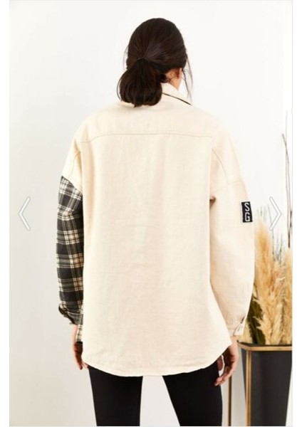 Kadın Bej Armalı Boyfriend Oversize Eskitmeli Denim Jeans Kot Ceket indirimleri