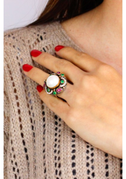 Inci Taşlı El Işi Otantik Gümüş Yüzük