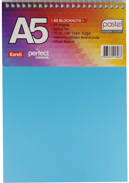 A5 Üstten Spiralli Pp. Kapak 80 Yaprak Kareli Bloknot