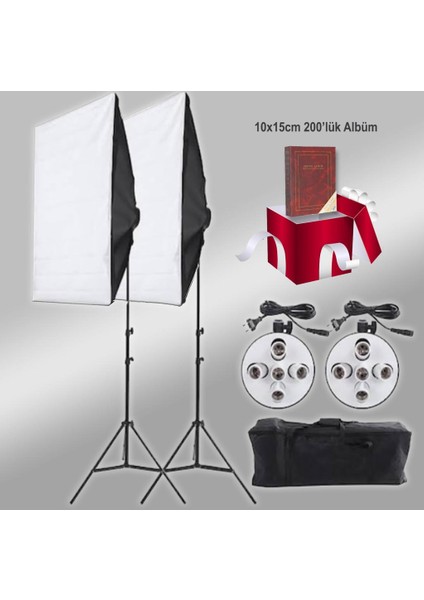 Soft Box 50X70 Paraflaş 5 Duylu Sürekli Işık 200CM Ayak 2 Li Set