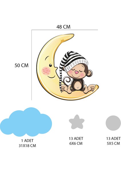 Ay Üzerinde Uyuyan Sevimli Maymun Gri Yıldızlar ,puantiyeler ve Mavi Bulut Çocuk Odası Duvar Sticker