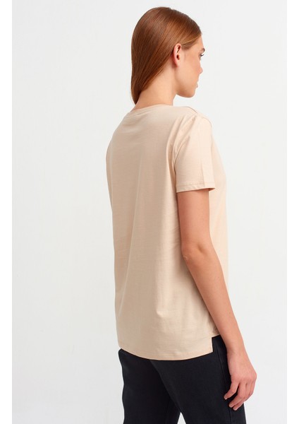 3470 V Yaka Basic T-Shirt-Bej