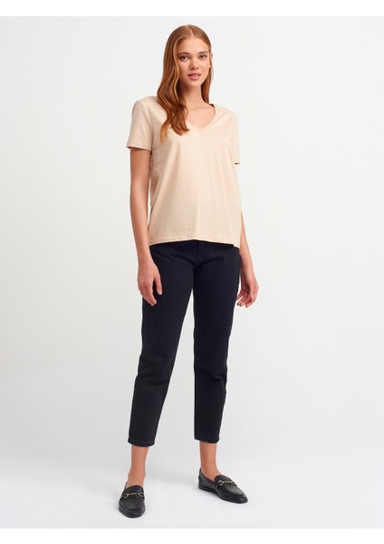 3470 V Yaka Basic T-Shirt-Bej