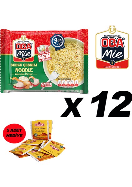 Mie Noodle Hazır Makarna Sebzeli 75 gr x 12 + (5 Adet Çaykur Altın Süzen Poşet Bardak Çay)