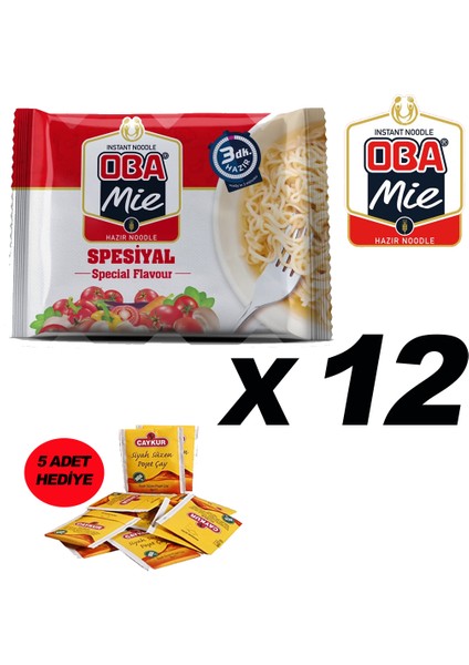Mie Noodle Hazır Makarna 75 gr x 12 + (5 Adet Çaykur Altın Süzen Poşet Bardak Çay)