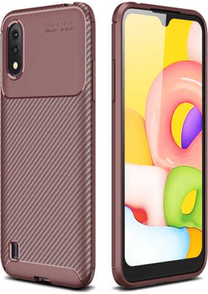 Samsung Galaxy A01 Karbon Tasarımlı Kapak Kahverengi