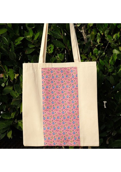Kanvas Bez Çanta - Dokuma Kumaş Desenli - Iç Cepli ve Cırtlı - 36 x 40 cm - Pembe Baykuş Desenli