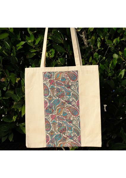 Kanvas Bez Çanta - Dokuma Kumaş Desenli - Iç Cepli ve Cırtlı - 36 x 40 cm - Pateh (Paisley) Desenli