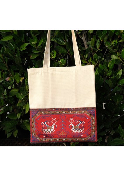Kanvas Bez Çanta - Dokuma Kumaş Desenli - Iç Cepli ve Cırtlı - 36 x 40 cm - Kilim Desenli